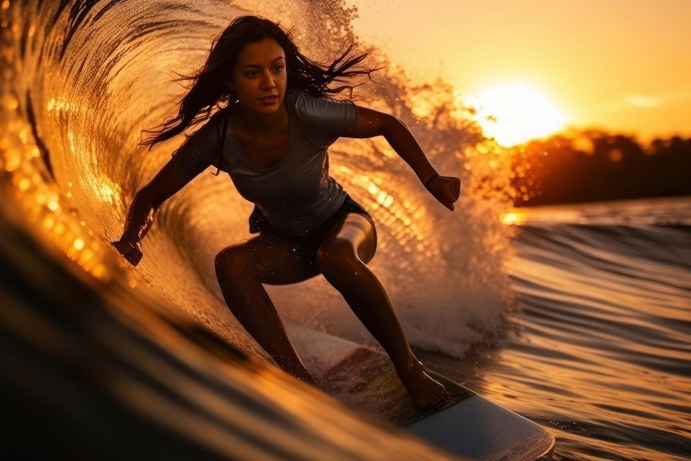A young Latino woman surfing in the sparkling ocean waves sports recreation adventure. AI generated Image by rawpixel.