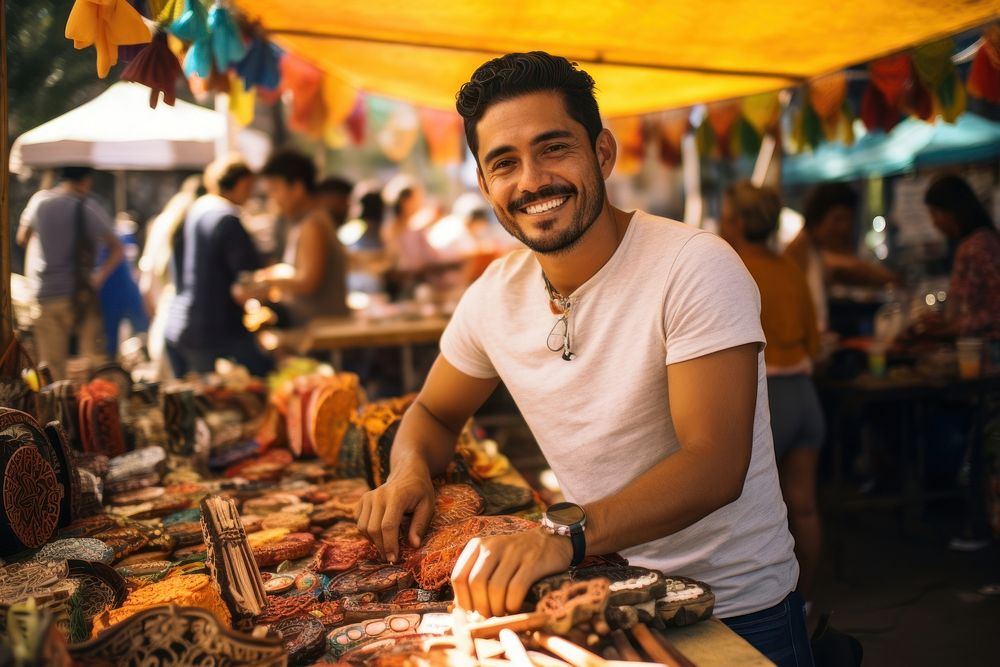 A young Latino entrepreneur showcasing handmade crafts at a vibrant street market creativity bazaar adult. AI generated…