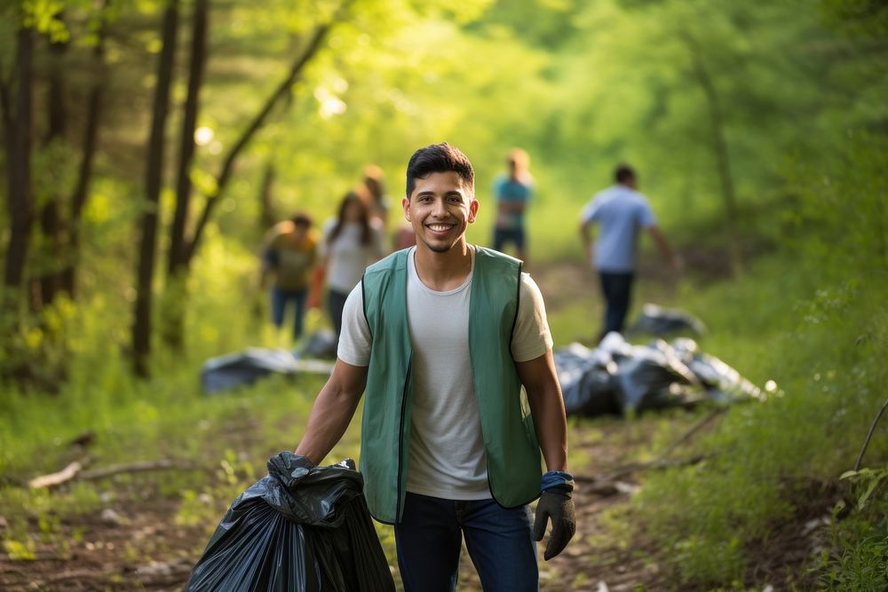 A young Latino environmentalist leading a community cleanup campaign outdoors walking hiking. AI generated Image by rawpixel.