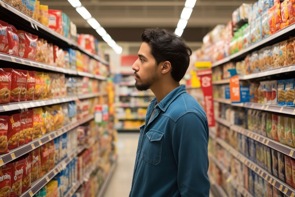 A young Latino man contemplating various cereal options in the breakfast aisle at a grocery store supermarket decisions…