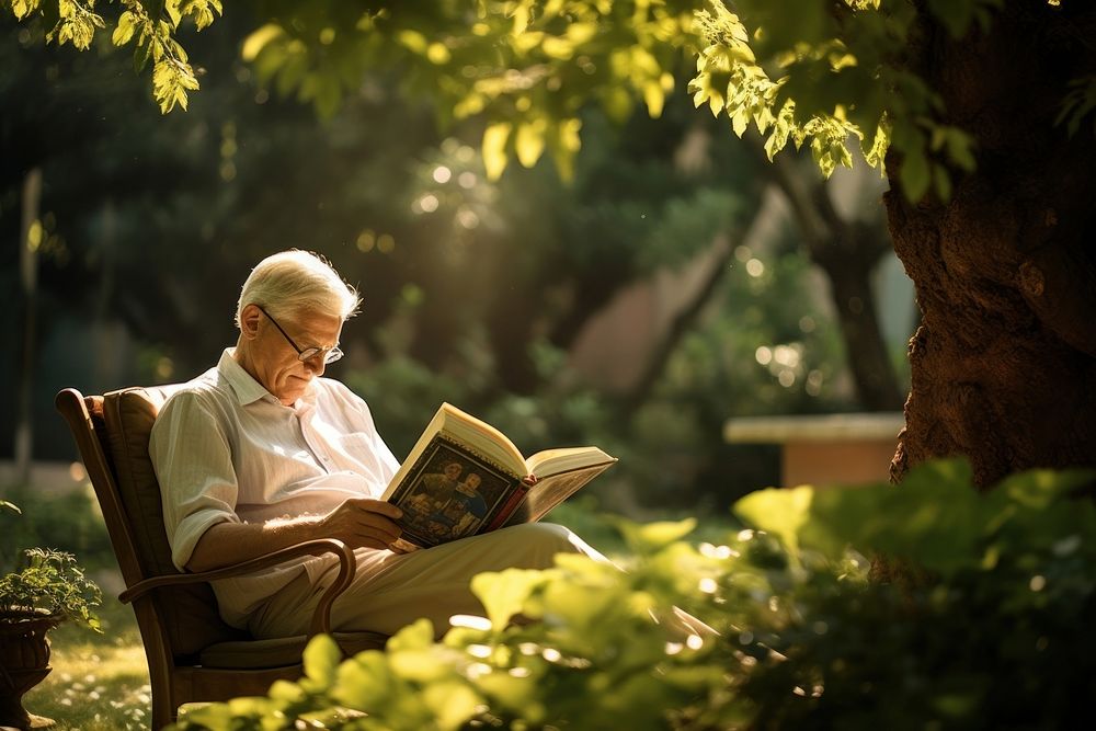 Elderly man enjoying a book in a serene garden setting surrounded by lush greenery reading publication relaxation. AI…