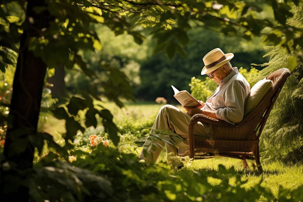 Elderly man enjoying a book in a serene garden setting surrounded by lush greenery reading relaxation sunlight. AI generated…