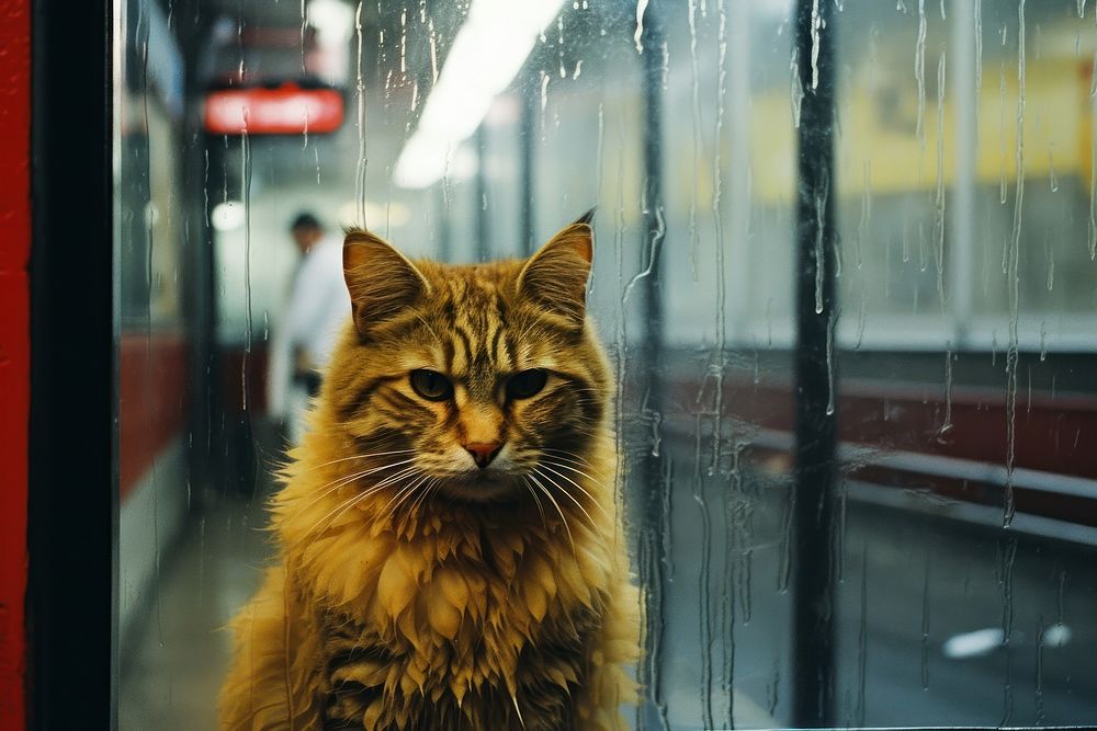 A cat at the bus station hiding from the rain mammal animal pet. AI generated Image by rawpixel.