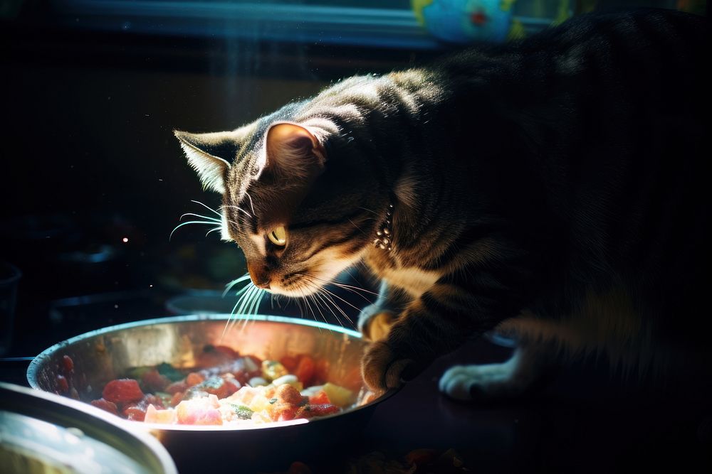 A cat eating cat food properly animal mammal bowl. AI generated Image by rawpixel.