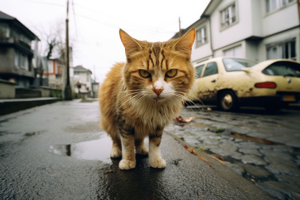 A cat on the street mammal animal city. AI generated Image by rawpixel.