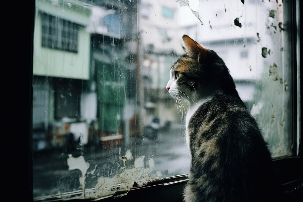 A cat looking out of the window animal mammal rain. 