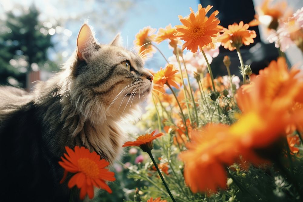 A cat smell the flower photography portrait outdoors. AI generated Image by rawpixel.