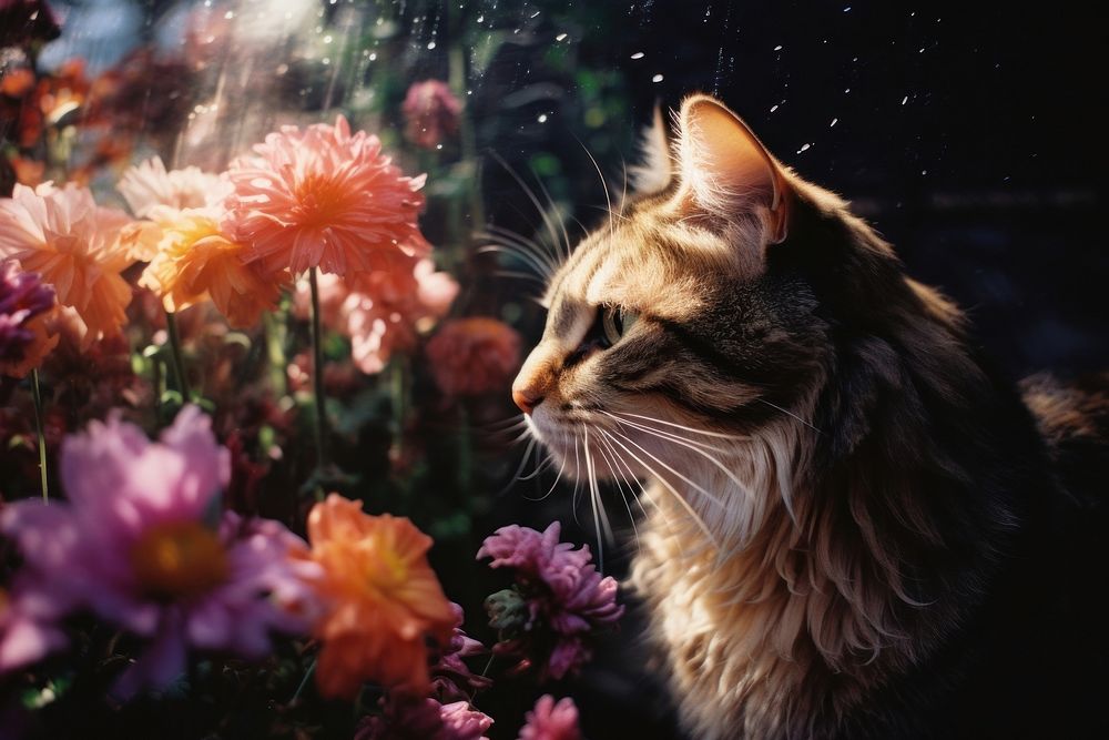 A cat smell the flower outdoors animal mammal. AI generated Image by rawpixel.