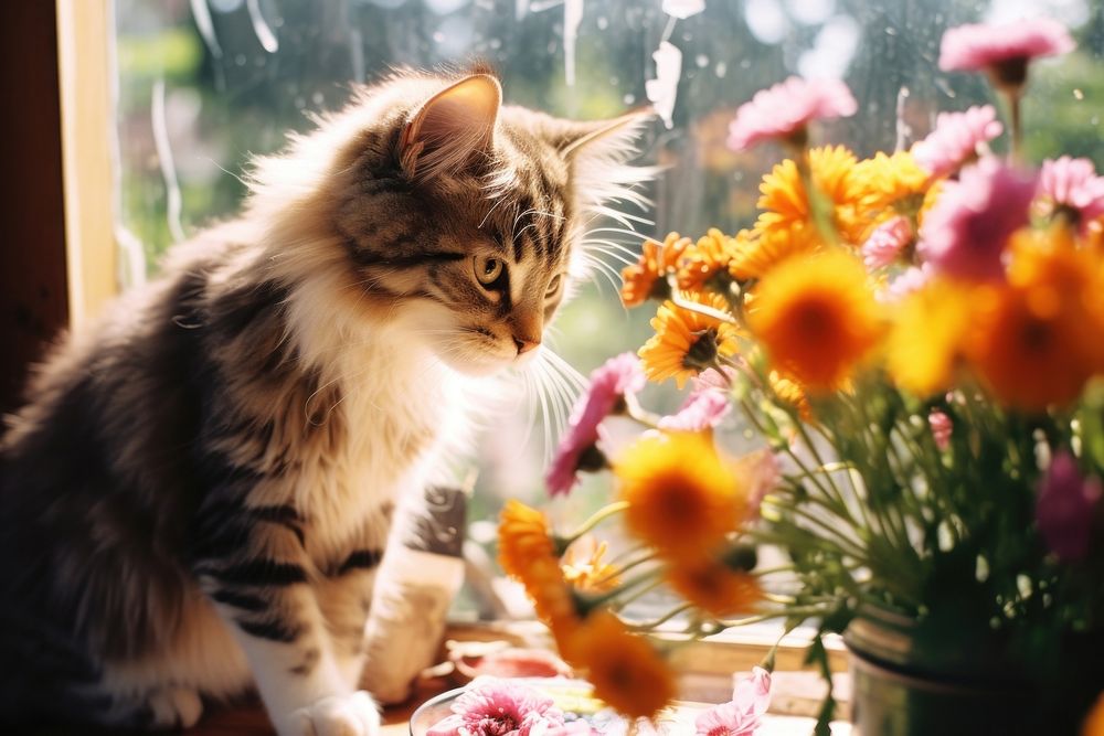 A cat smell the flower mammal animal kitten. AI generated Image by rawpixel.