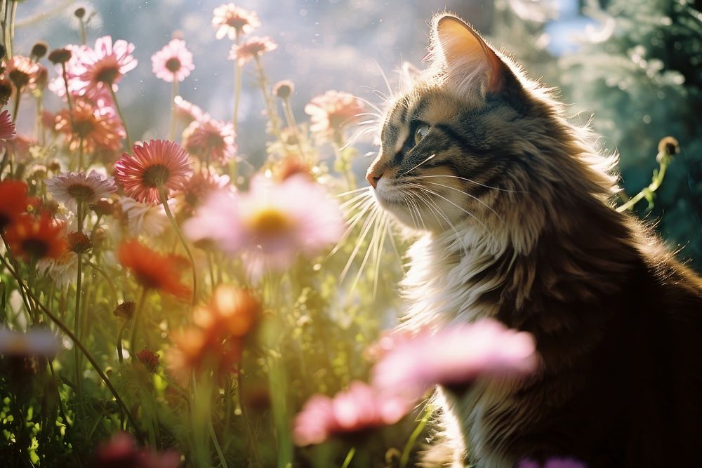 A cat smell the flower outdoors mammal animal. AI generated Image by rawpixel.