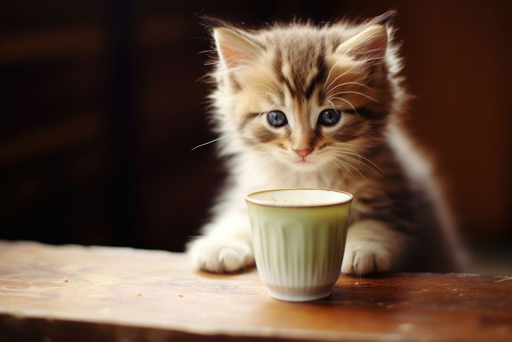 A kitten taste a milk in the cup mammal animal table. AI generated Image by rawpixel.