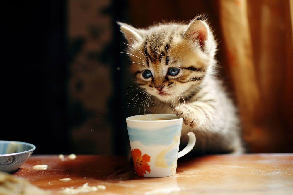 A kitten taste a milk in the cup mammal animal coffee. AI generated Image by rawpixel.