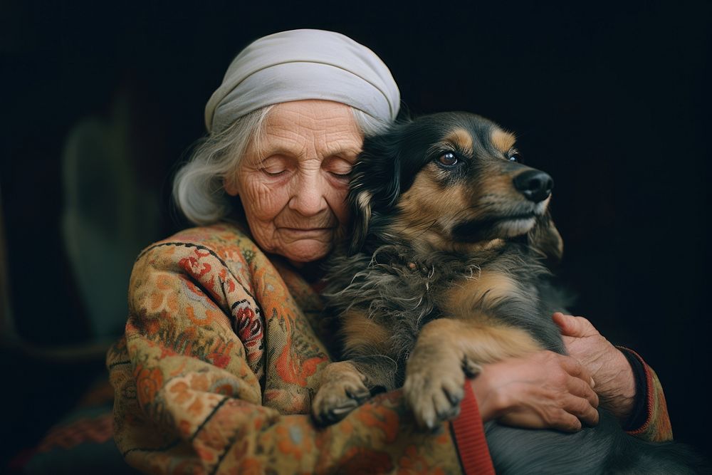 A puppy with an old woman photography portrait animal. AI generated Image by rawpixel.