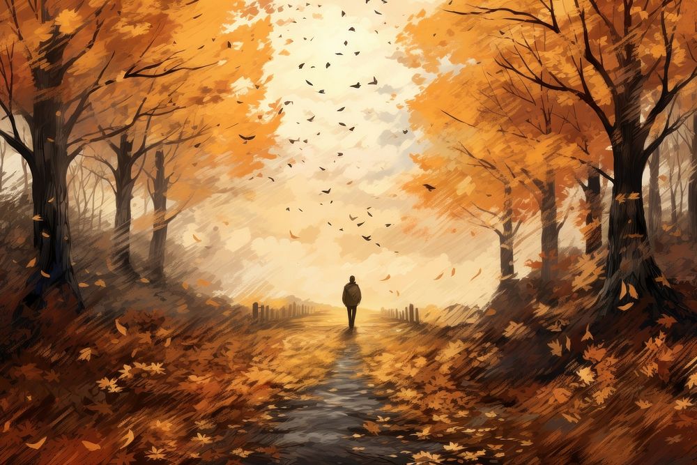 Autumn road illustration landscape outdoors painting. AI generated Image by rawpixel.