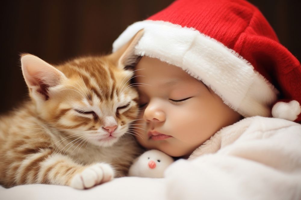 Baby and cat christmas sleeping portrait. AI generated Image by rawpixel.