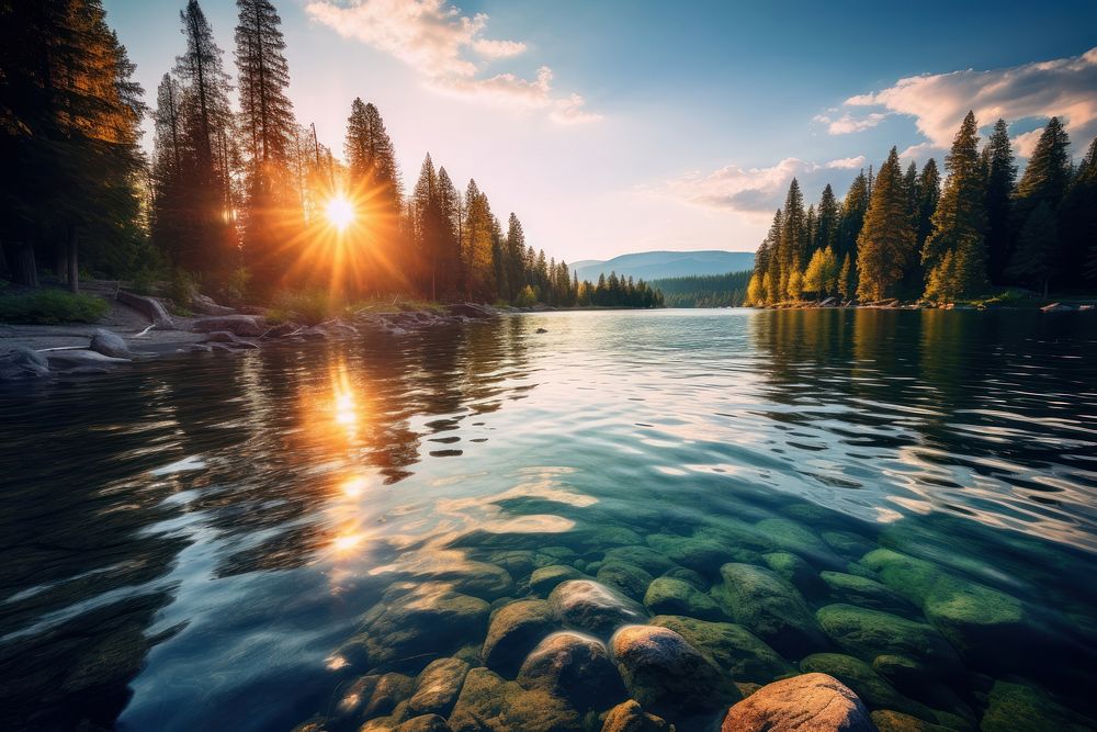Crystal clear lake landscape sunlight. AI generated Image by rawpixel.