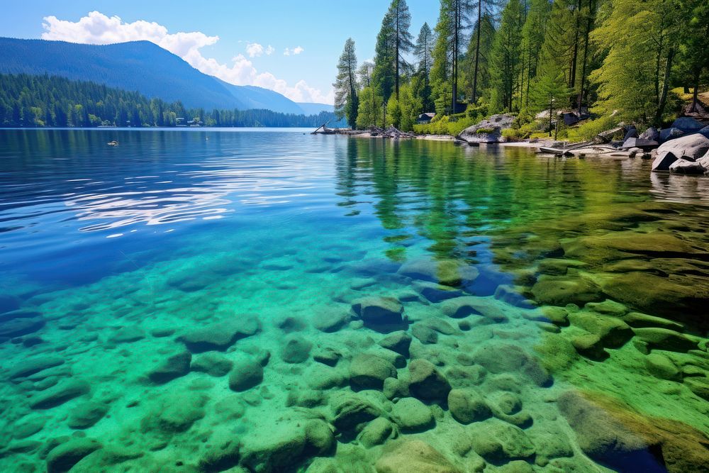 Crystal clear blue water lake wilderness landscape. AI generated Image by rawpixel.