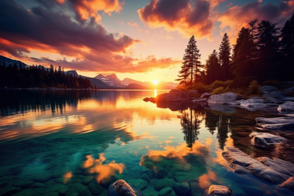 Crystal clear sunset lake landscape. AI generated Image by rawpixel.