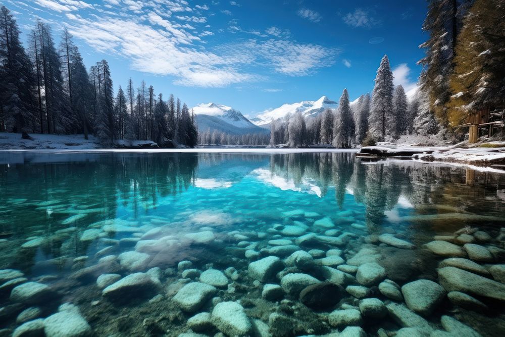 Crystal clear lake landscape panoramic. AI generated Image by rawpixel.