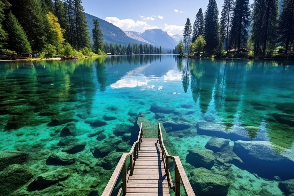 Crystal clear blue water lake landscape outdoors. AI generated Image by rawpixel.
