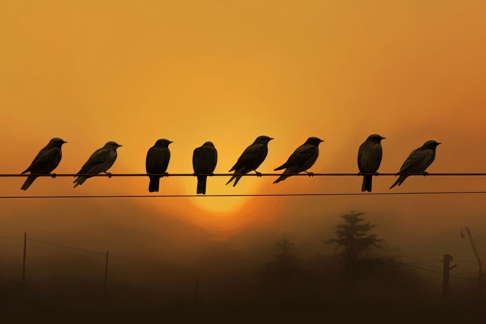 Birds on a wire line outdoors animal nature. 