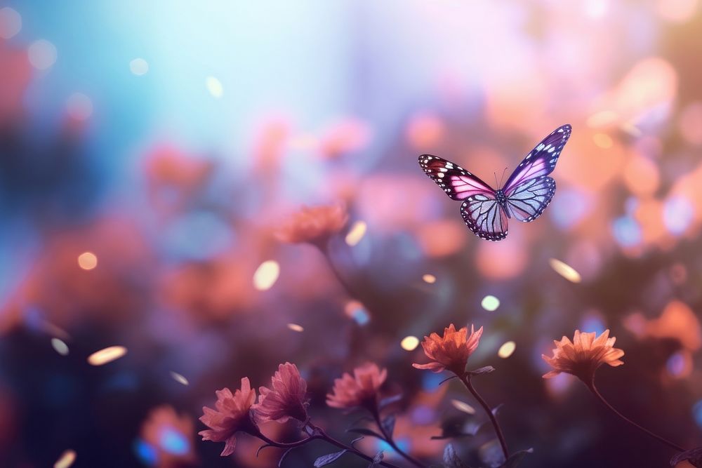 Butterfly focus flowers background blurred outdoors nature animal. AI generated Image by rawpixel.