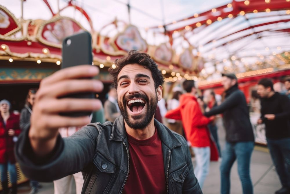 Latino try to selfie with smartphone laughing adult men. AI generated Image by rawpixel.