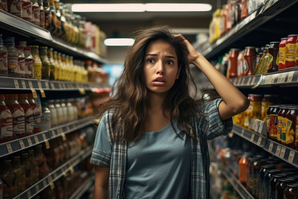 Latina woman choosing product from grocery shelf looking disappointment hopelessness. AI generated Image by rawpixel.