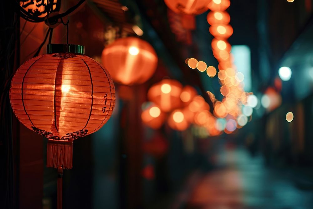 Chinese lanterns on the street festival architecture illuminated. AI generated Image by rawpixel.