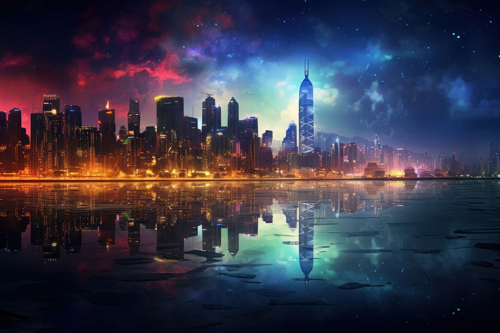 City lights at night architecture landscape cityscape. AI generated Image by rawpixel.