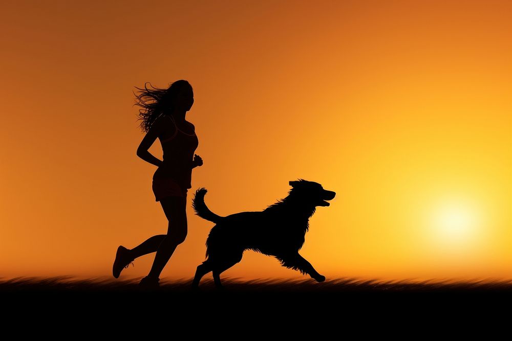 Woman running dog backlighting silhouette. AI generated Image by rawpixel.