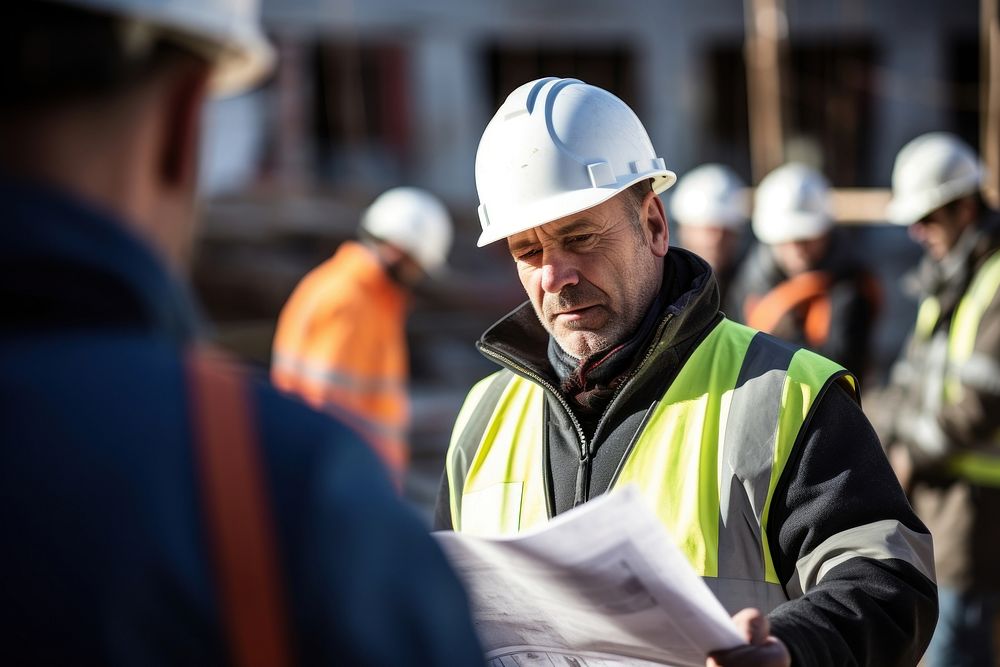 Close-up of a construction worker holding architectural plans and discussing with colleagues at a construction site…