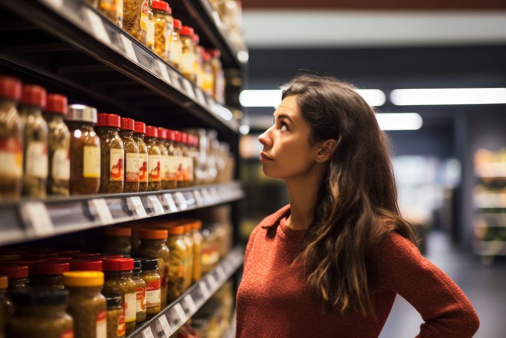 Latina woman choosing product from grocery shelf looking adult food. AI generated Image by rawpixel.