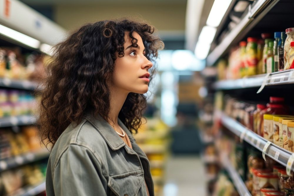Latina woman choosing product from grocery shelf supermarket shopping looking. AI generated Image by rawpixel.