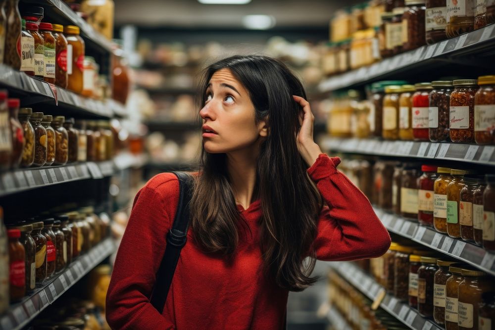 Latina woman choosing product from grocery shelf looking adult supermarket. AI generated Image by rawpixel.