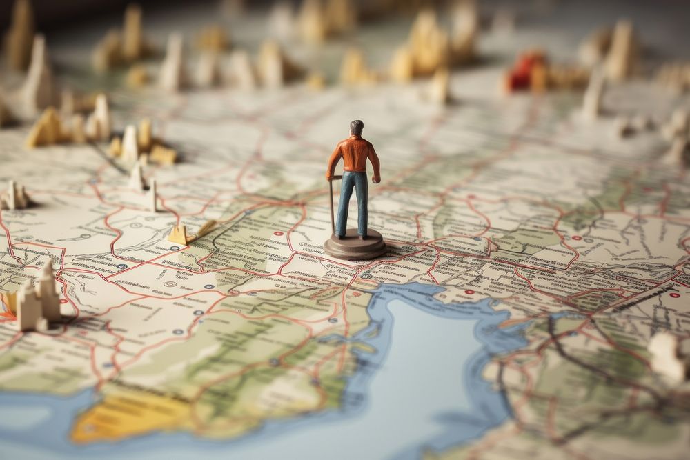 Simple human figure on paper map exploration tilt-shift figurine. AI generated Image by rawpixel.