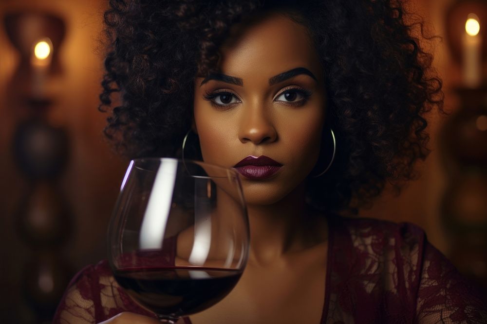 Luxury African american young girl with wine portrait glass drink. AI generated Image by rawpixel.