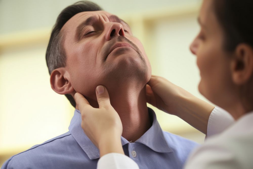 Endocrinologist examining thyroid patient pain togetherness. AI generated Image by rawpixel.
