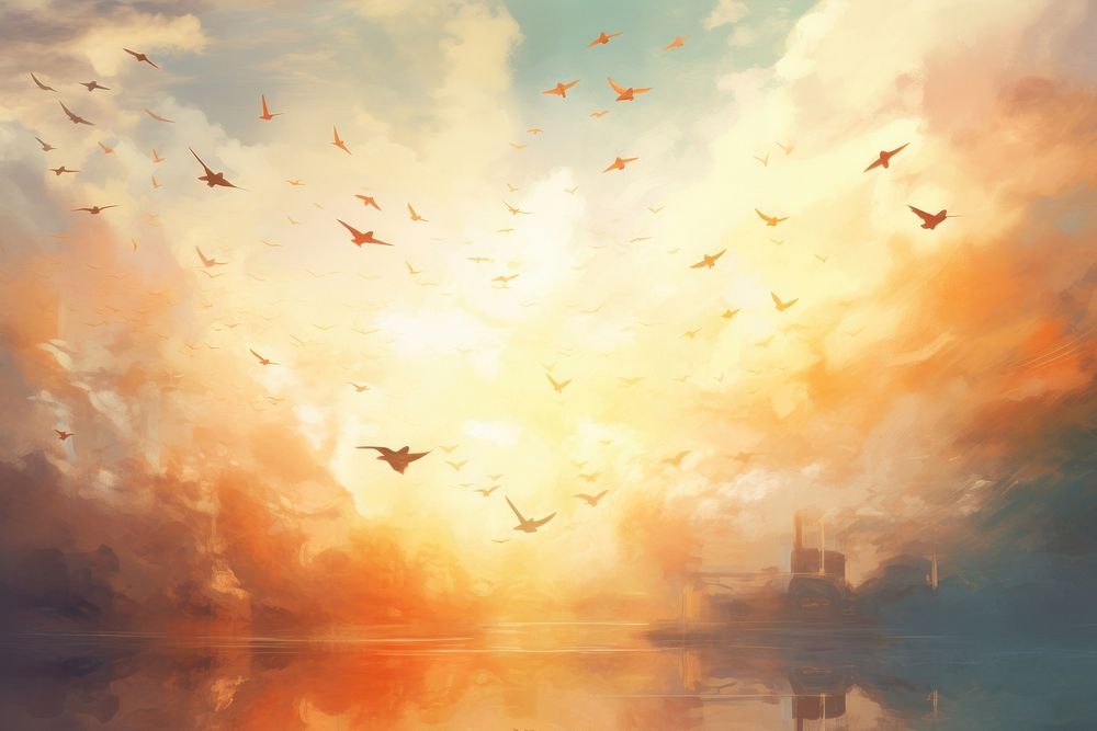 Faraway flock of birds in the sunny sky outdoors painting nature. AI generated Image by rawpixel.