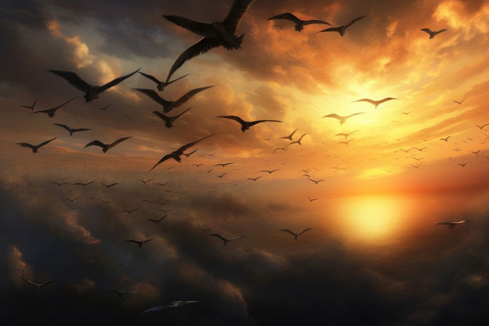 Flock of birds in the sky sunlight outdoors nature. AI generated Image by rawpixel.