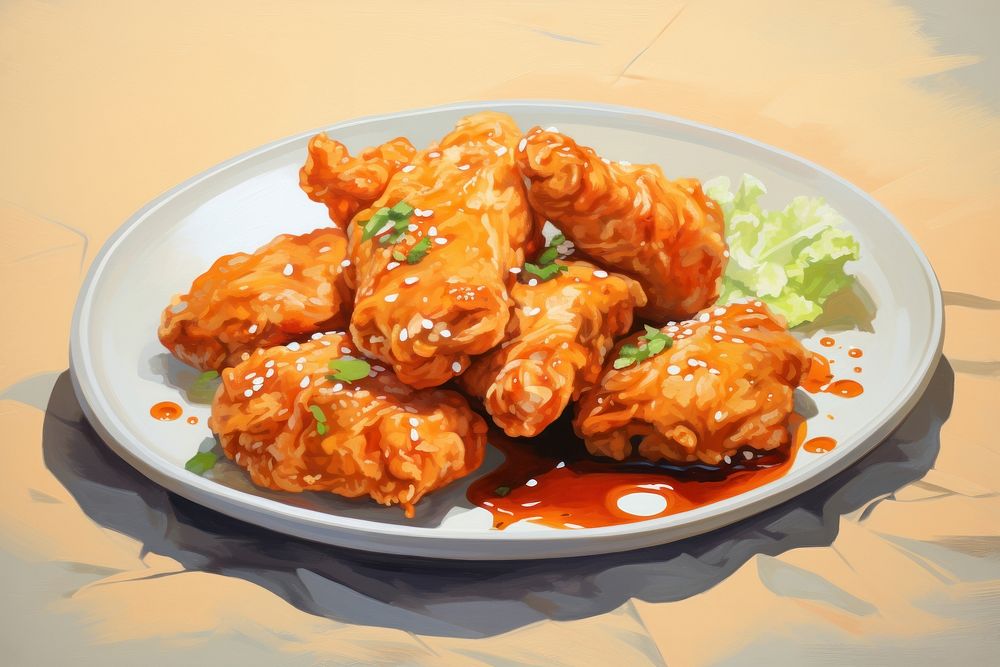 Korea fried chicken coating sweet sauce plate food vegetable. AI generated Image by rawpixel.