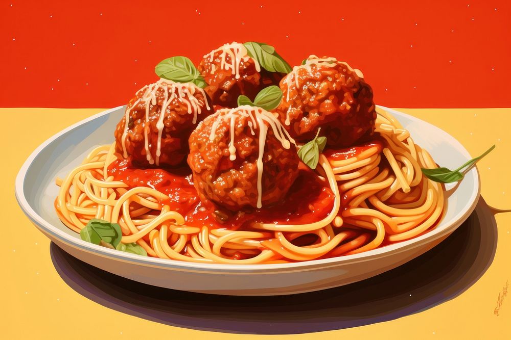 Spaghetti meatballs pasta food condiment. AI generated Image by rawpixel.