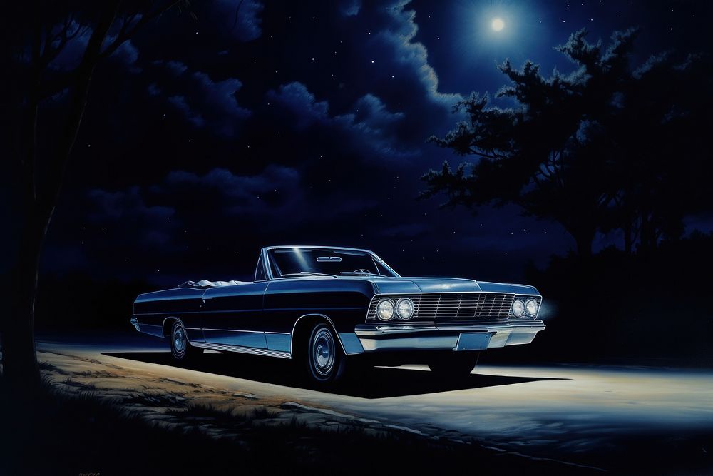 Blue vintage car night convertible vehicle. AI generated Image by rawpixel.