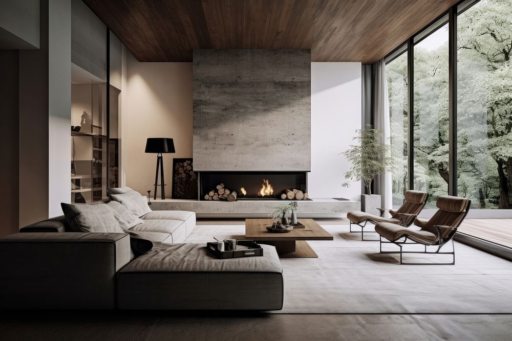 Minimal style home interior modern architecture furniture fireplace. AI generated Image by rawpixel.