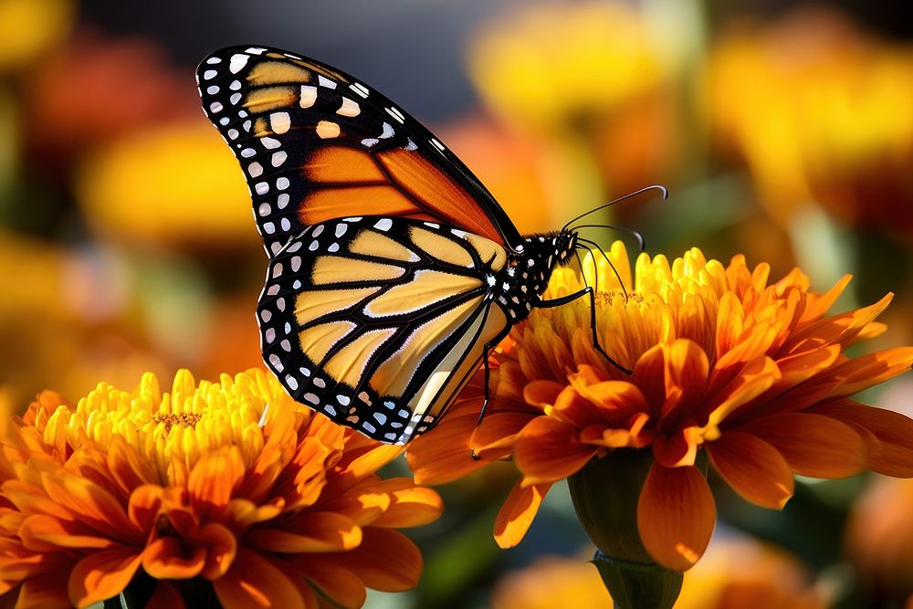 Monarch butterfly on a flower zoom in animal insect petal. AI generated Image by rawpixel.
