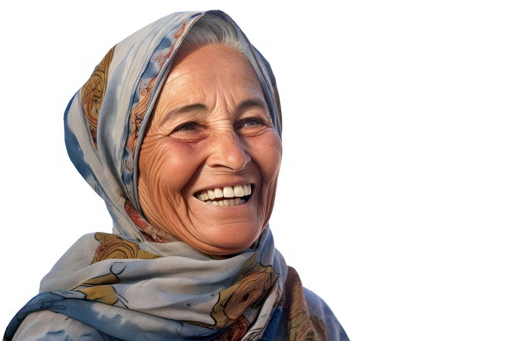 Modern old middle eastern woman smiling laughing adult scarf. AI generated Image by rawpixel.