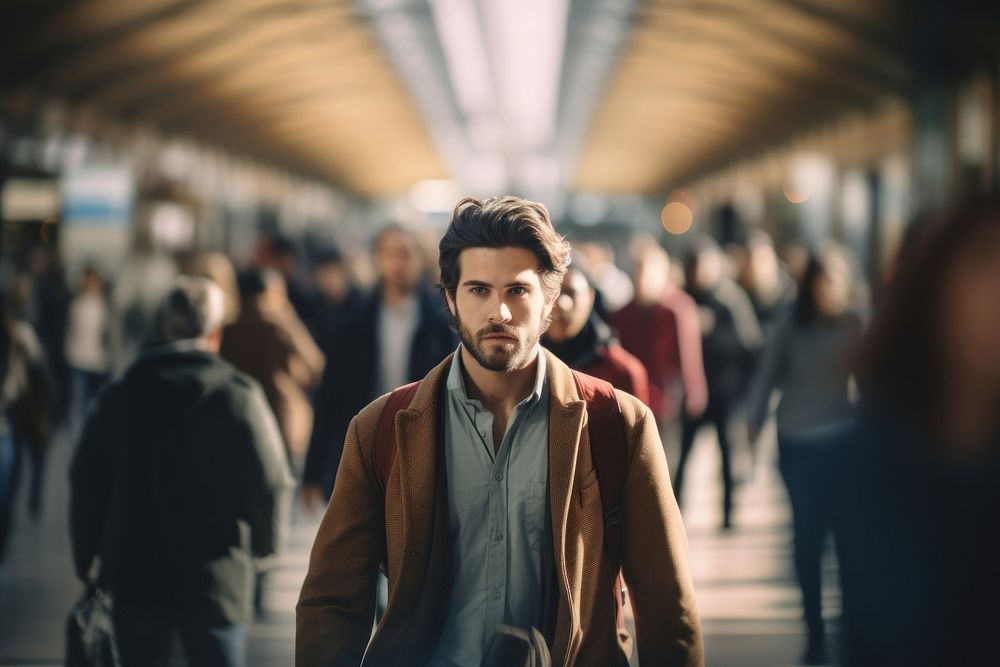 Man standing and surrounded by people walking photography portrait motion. AI generated Image by rawpixel.