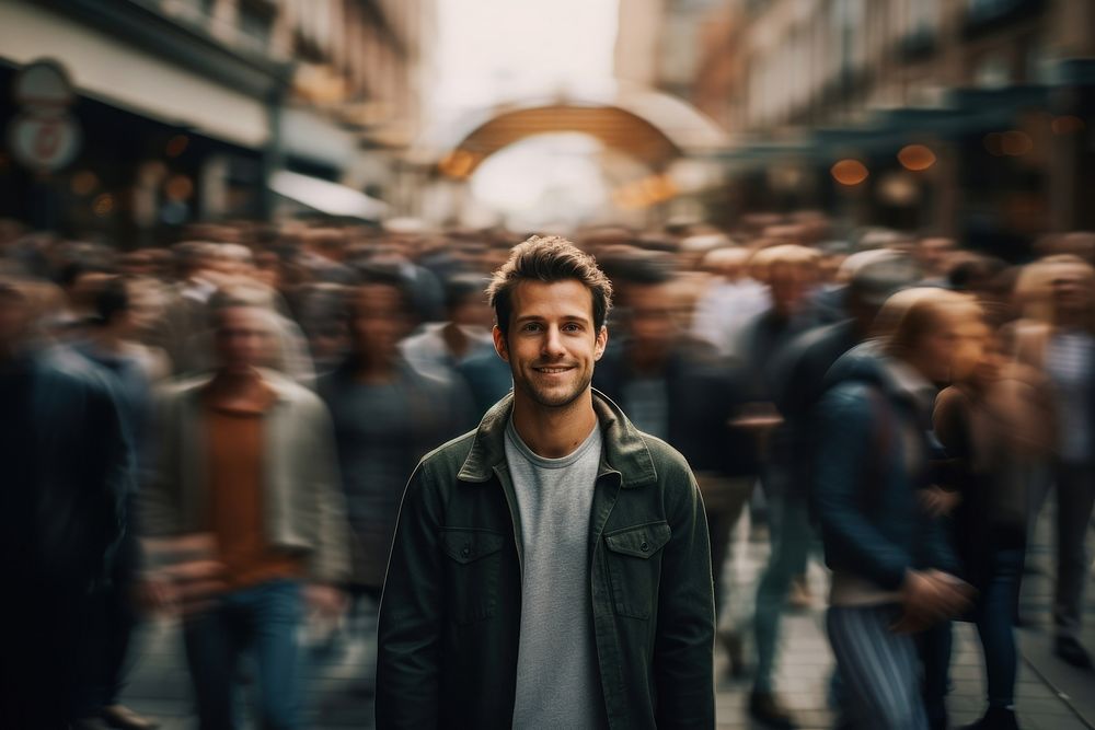 Man standing and surrounded by people walking photography portrait motion. AI generated Image by rawpixel.