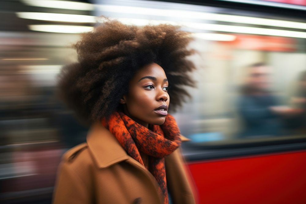 Black woman waiting for train in metro station photography portrait motion. AI generated Image by rawpixel.
