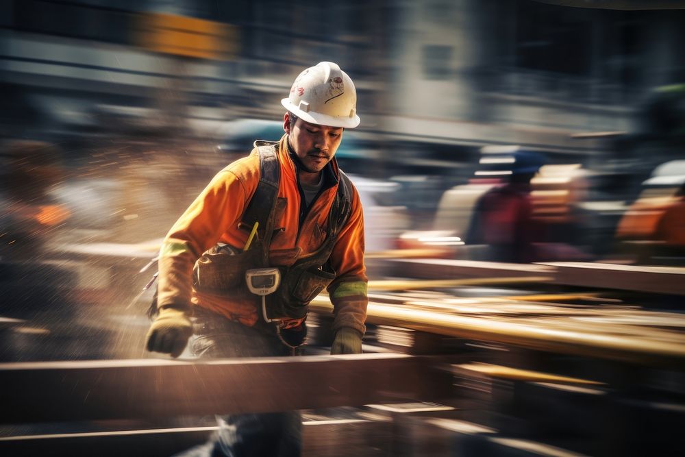 Construction worker working in construction site hardhat motion helmet. AI generated Image by rawpixel.